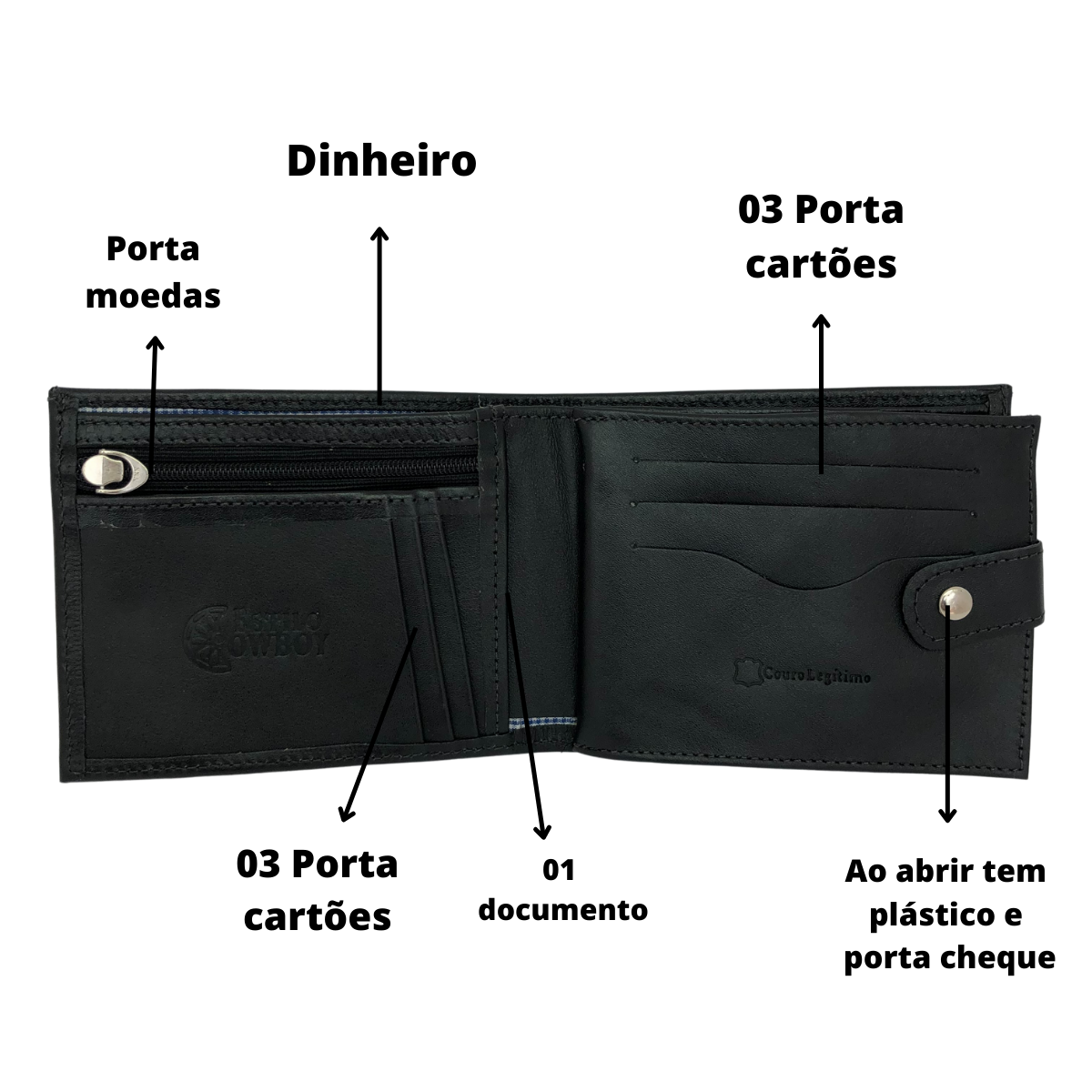 Carteira Masculina Cl Ssica Preta Couro Bovino Cnh Rg Porta Cheque Moedas